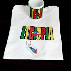 Ethiopian Flag with colorful text T-shirt, Mug, Keychain set